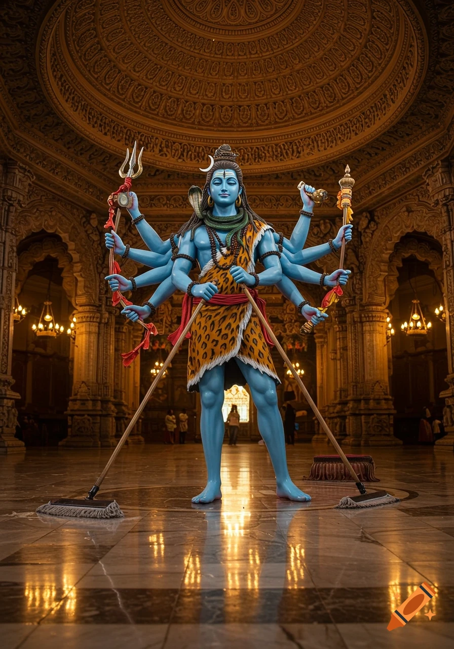 Photorealistic blue-skinned, multi-armed Shiva holding a mop in each hand in an ornate temple hall.