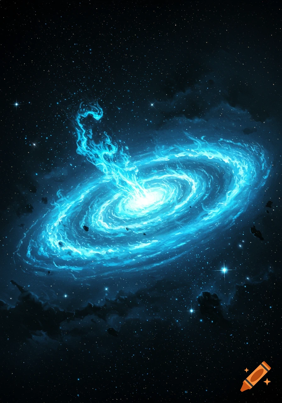 A bright blue swirling galaxy with a fiery core against a dark, star-filled space background.