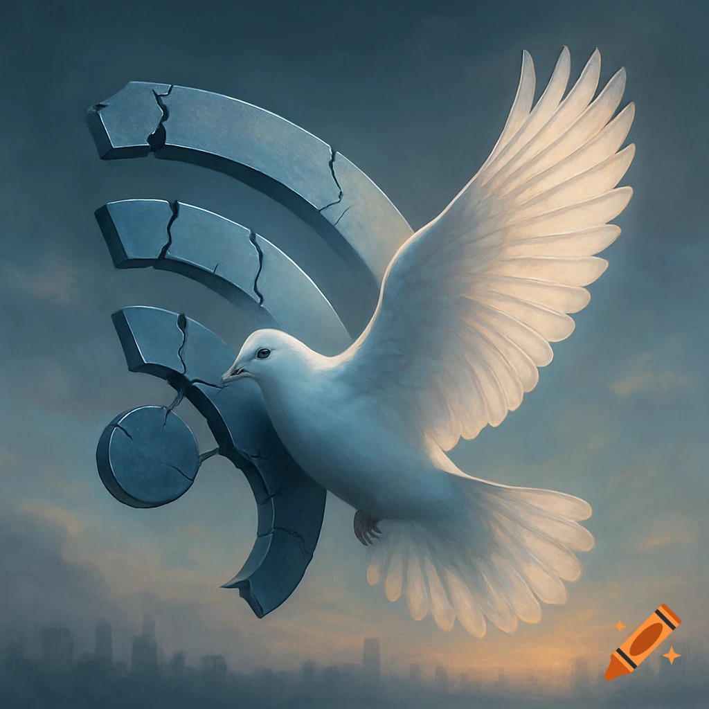 A white dove flies past a large, cracked WiFi symbol, with a blurred city skyline visible below.
