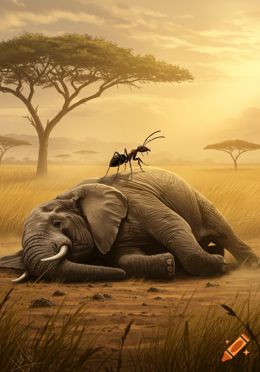 A large elephant lies on the ground in a golden savanna, seemingly defeated, with a tiny ant standing triumphantly on its back.