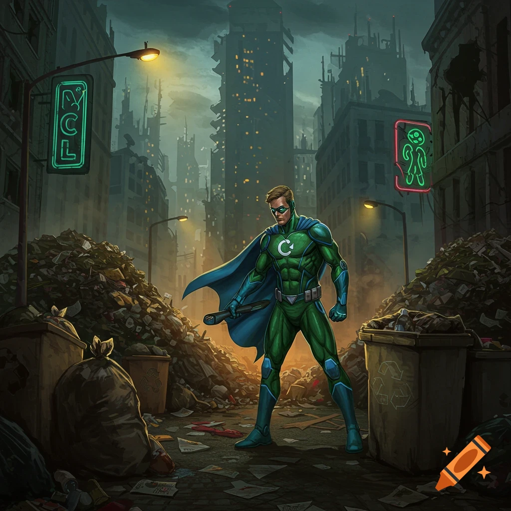 Captain Recycle, a superhero in a green and blue suit, stands among piles of rubbish in a dark, polluted, ruined city, in a comic art style.