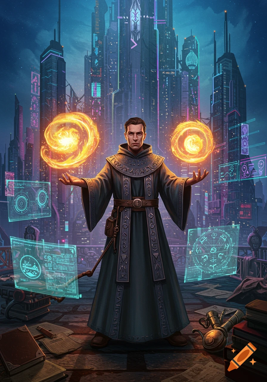 A magician in a dark robe holds two swirling fireballs in a neon-lit futuristic city with holographic interfaces.