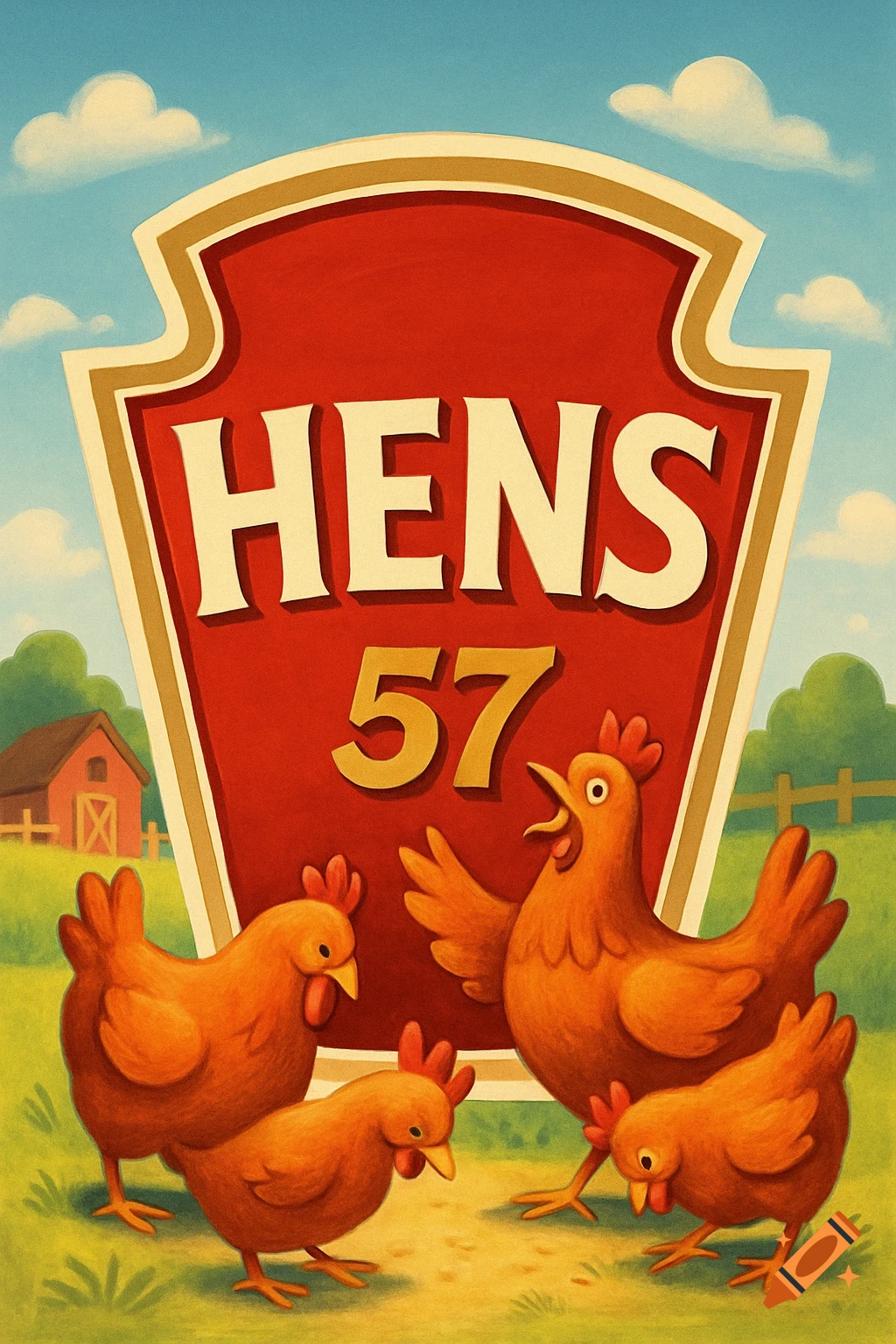Cartoon illustration of orange hens in a field with a red 'HENS 57' logo shield, a barn, and fence in the background.
