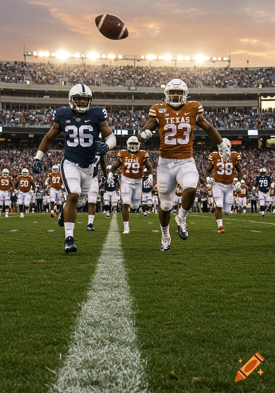 American football players, one in a blue jersey with '36' and another in an orange 'TEXAS' jersey with '23', run on a green field during a game with a stadium and sunset in the background.