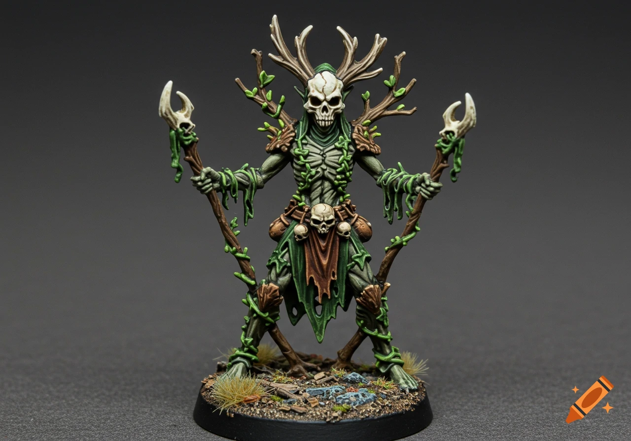 Expertly painted tabletop miniature of a skeletal druid with a skull mask and antlers, holding two vine-wrapped staffs, on a detailed base.