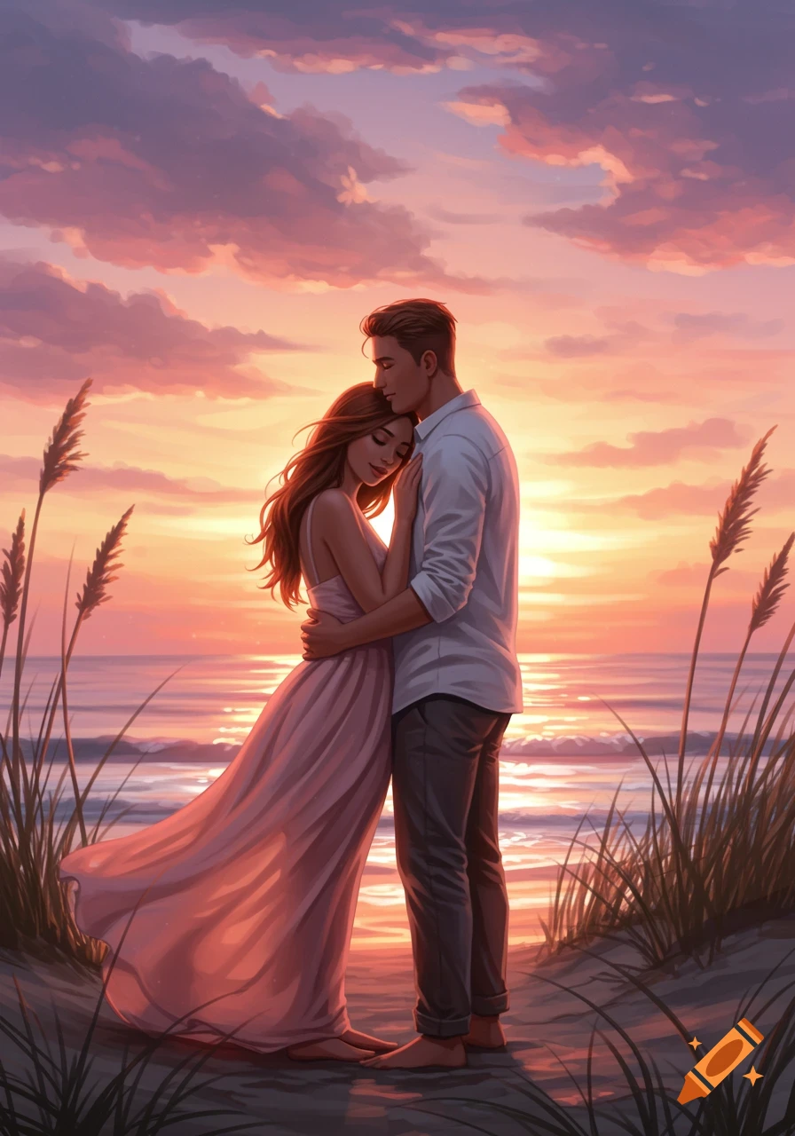 A romantic couple embracing on a beach at sunset, with golden light reflecting on the water and sky, artistic style.