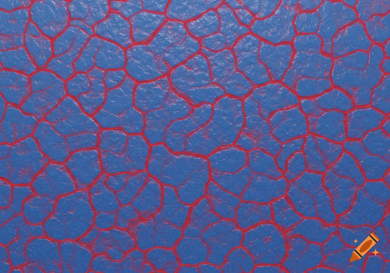 A close-up texture of blue skin or surface with a network of bright red, vein-like cracks.