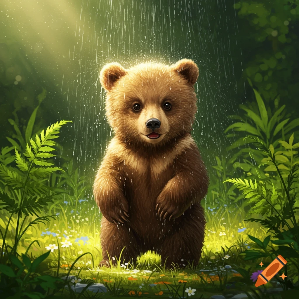A cute little bear cub stands in a lush green forest clearing during a light rain shower, looking directly at the viewer.