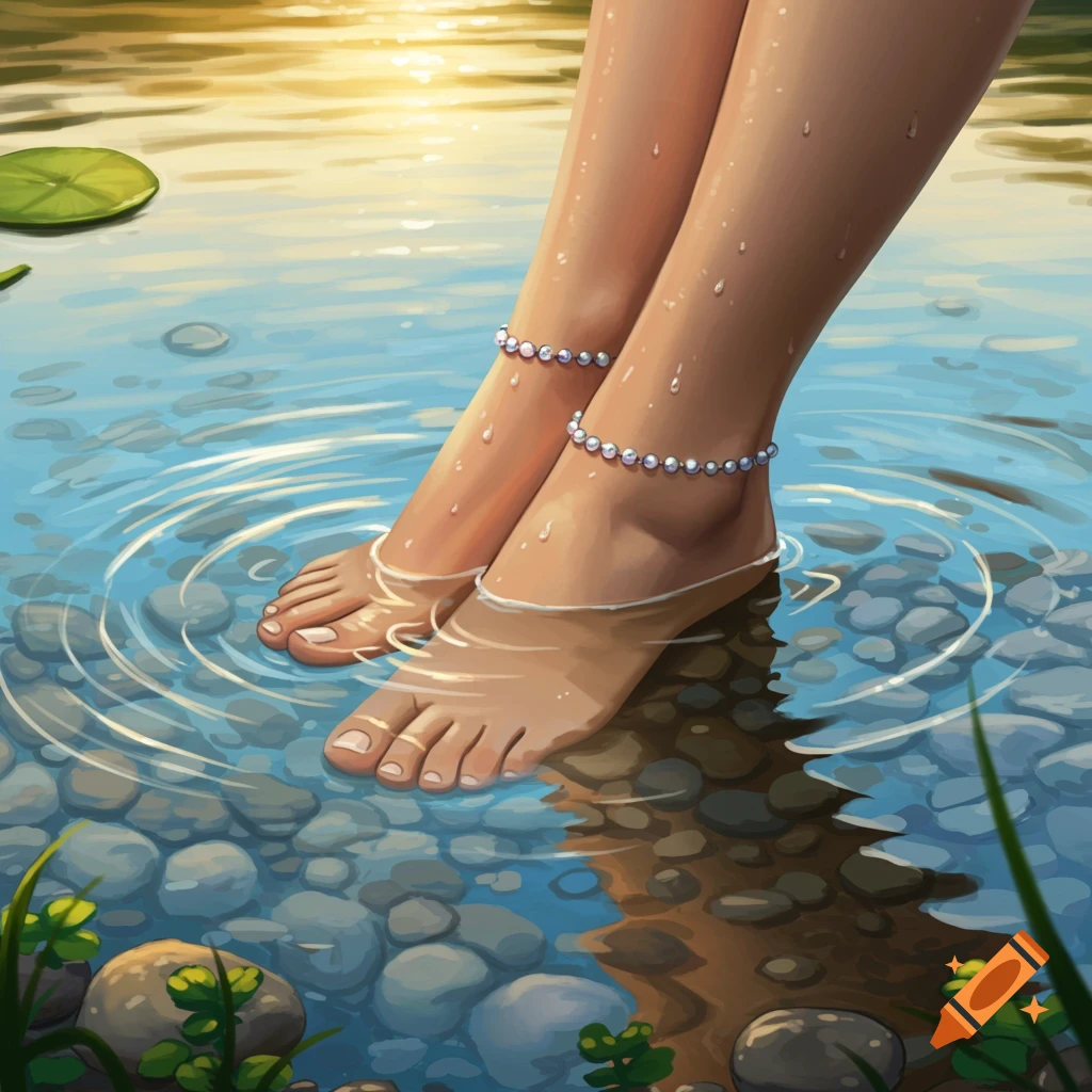 A pair of female feet with pearl anklets dipped in clear water, creating ripples. Sunlight reflects on the water with pebbles visible. Illustration.