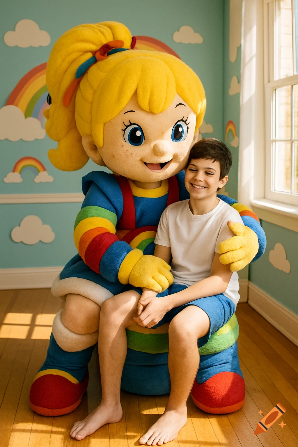A smiling boy sits on the lap of a colorful Rainbow Brite mascot, who embraces him in a bright room with rainbow and cloud wall decals.