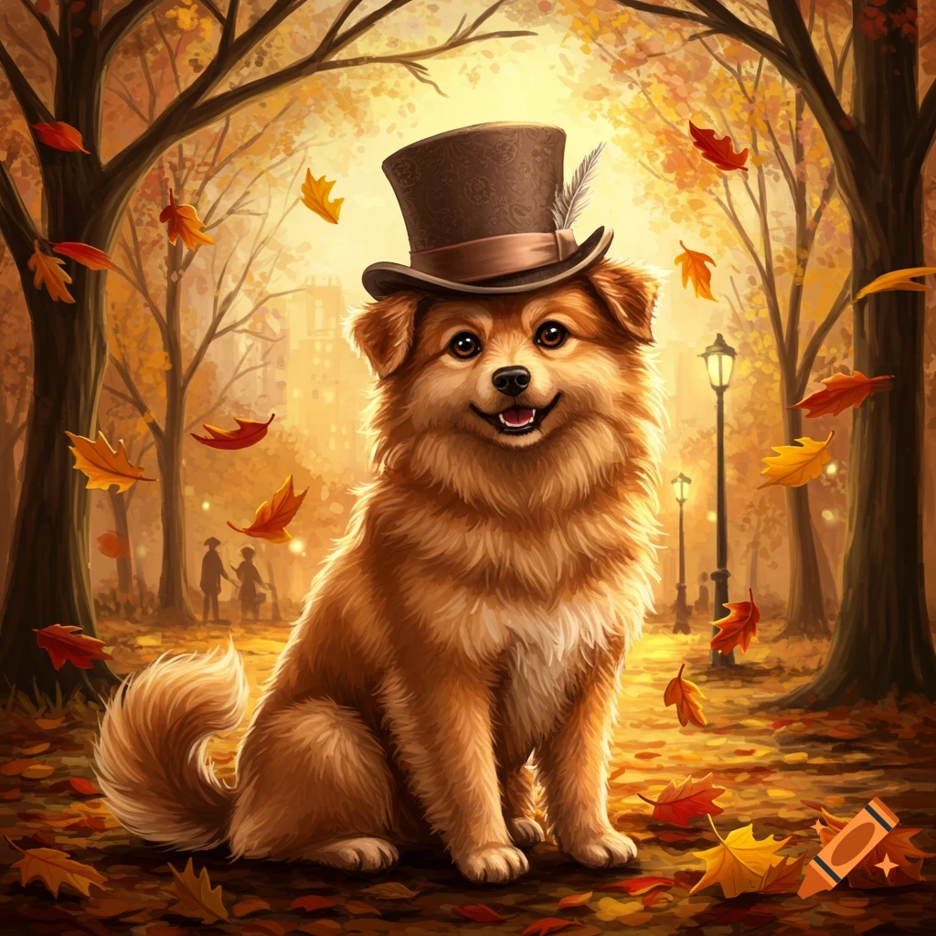 A happy, fluffy, brown dog wearing a top hat sits in a vibrant autumn park with golden trees and falling leaves.