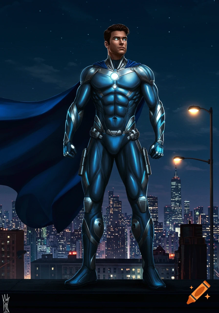 A male superhero in a blue and silver suit and cape stands on a rooftop overlooking a city skyline at night.