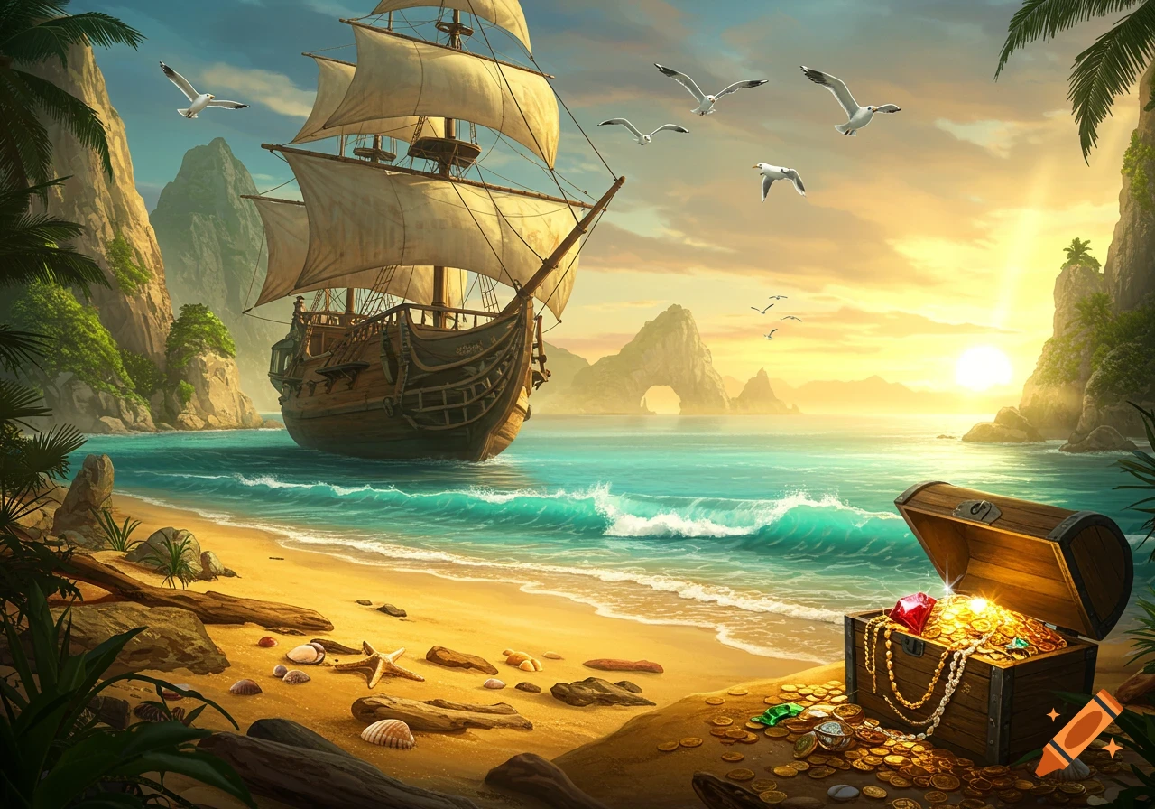 A pirate ship sails near a tropical beach at sunset, with a treasure chest full of gold and jewels on the sand.
