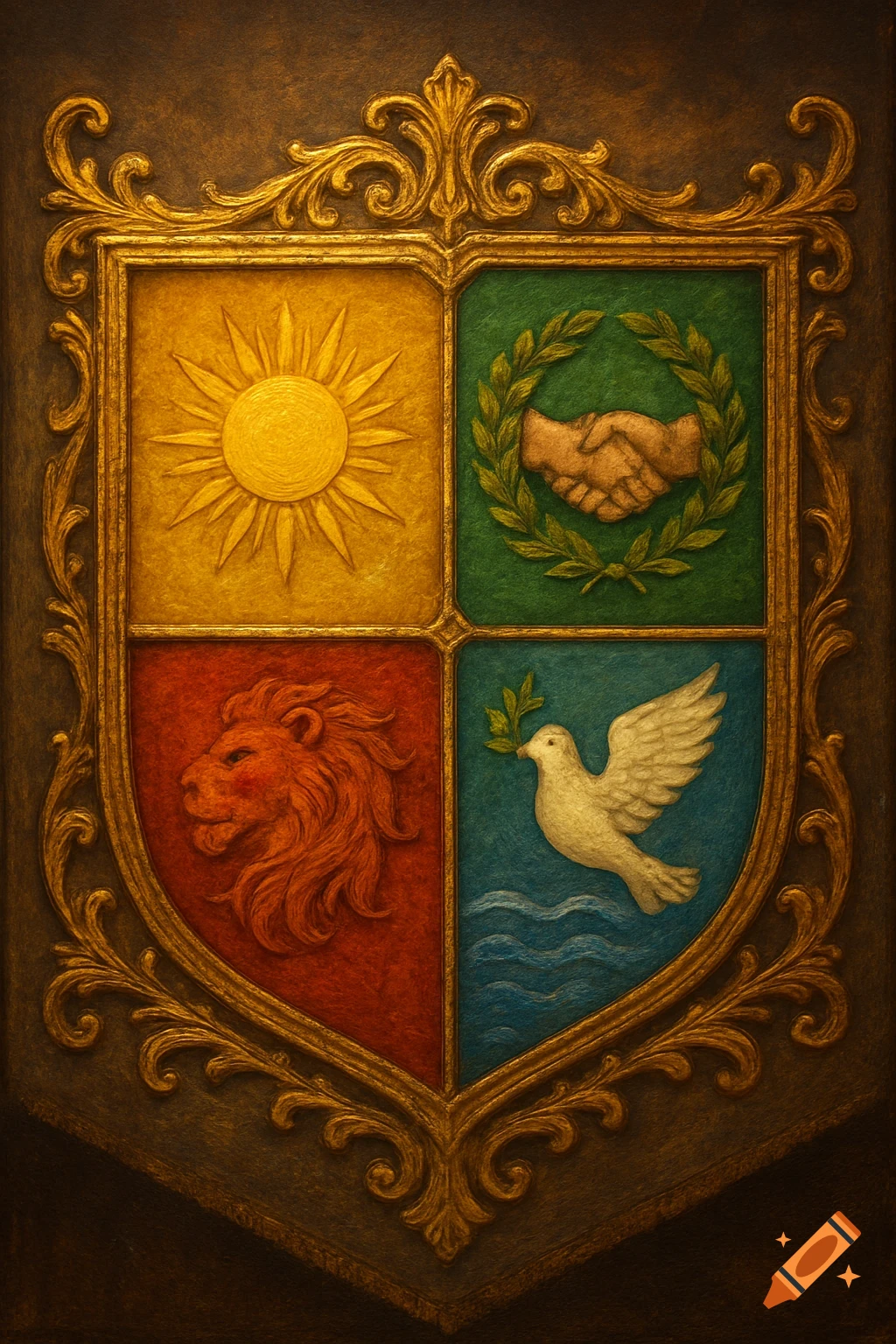 A golden, ornate shield divided into four sections: a yellow sun, green shaking hands, a red lion's head, and a white dove over blue waves.