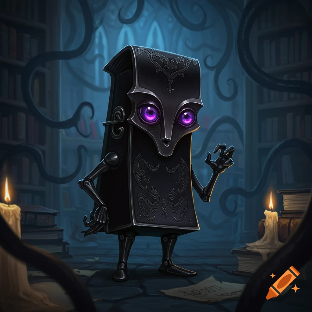 A stylized, dark, ornate book creature with glowing purple eyes stands in a dimly lit, dusty library with candles and tentacles.
