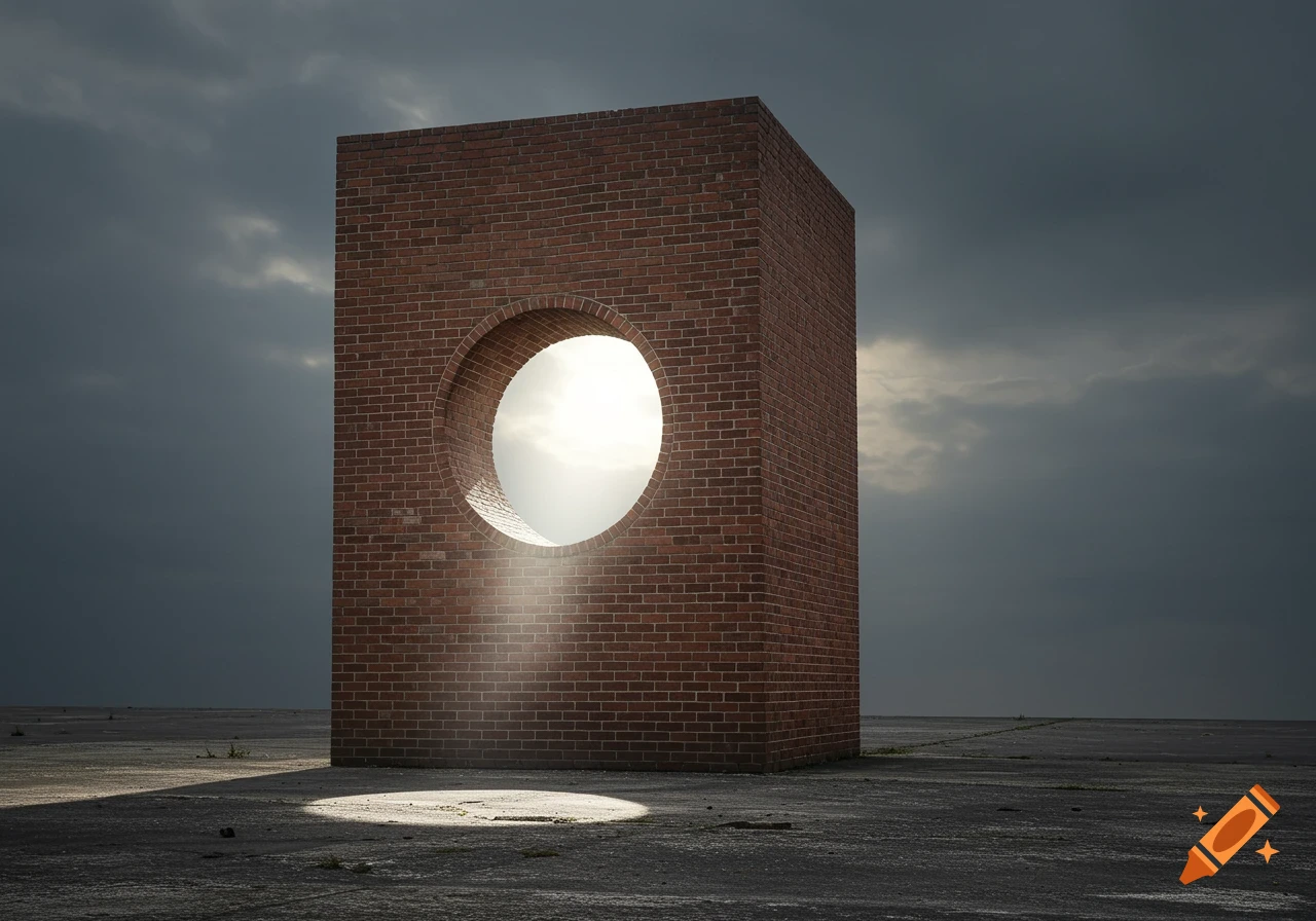 A minimalist red brick block with a circular hole, through which bright light shines onto a dark ground under a cloudy sky.