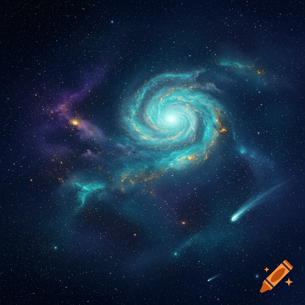 A vibrant teal and gold spiral galaxy glows brightly amidst a field of stars and comets in deep space.