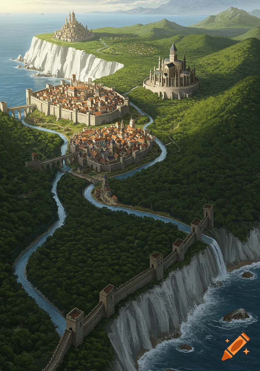 An expansive, detailed fantasy landscape featuring medieval walled cities, towering castles, lush green forests, a winding river, and a dramatic coastline with white cliffs and a rough ocean.