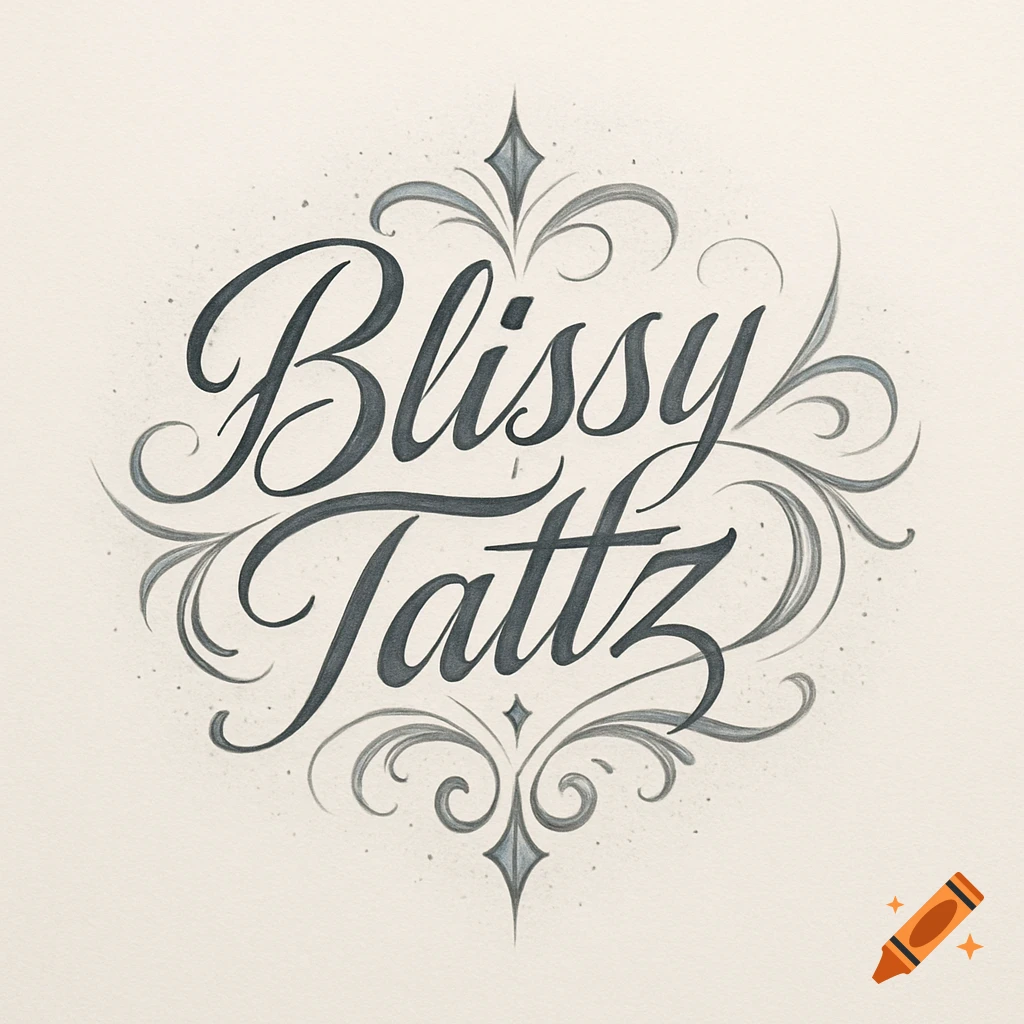 A black and white ornate logo with the words 'Blissy Tattz' in elegant script lettering, surrounded by decorative flourishes.