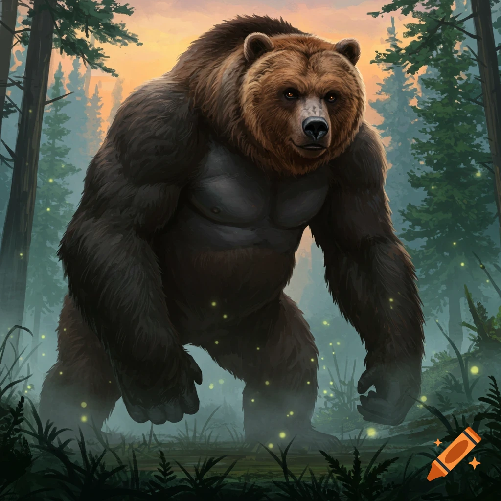 A muscular bear-gorilla hybrid stands in a misty forest at dusk, surrounded by glowing fireflies.