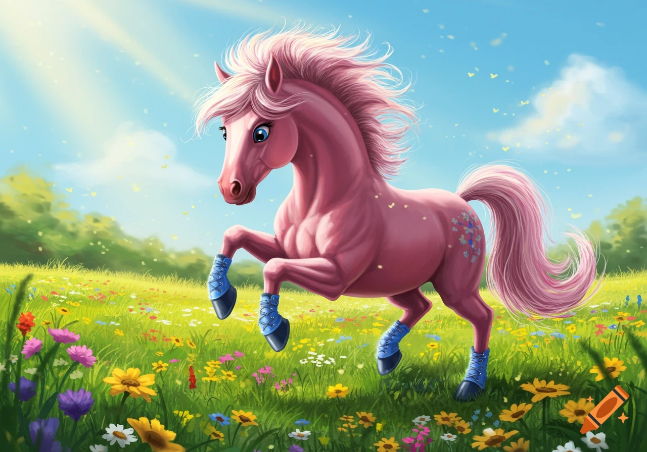A pink cartoon horse with a flowing mane and tail, wearing blue boots, prances in a vibrant field of colorful wildflowers under a sunny blue sky.