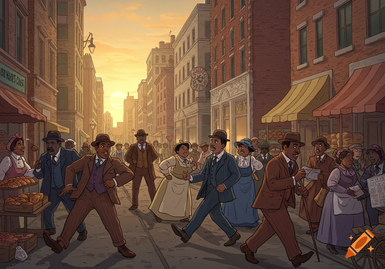 Cartoon illustration of people walking and interacting on a bustling historical city street at sunset.