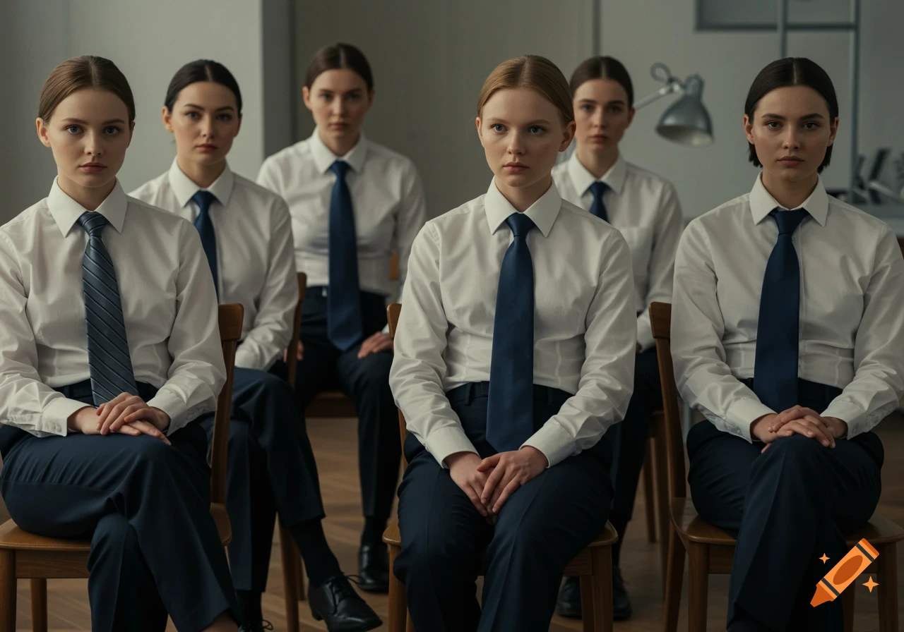 A group of women in white shirts and ties sit formally on wooden chairs in a photorealistic indoor setting.