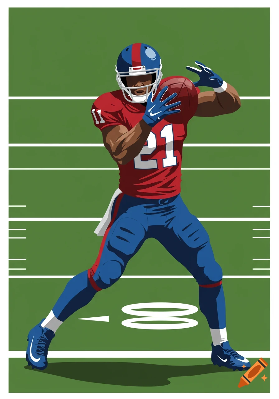 Illustration of an American football player in a red and blue uniform catching a football on a green field.