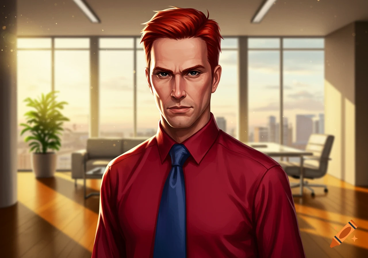 A stern man with red hair in a red shirt and blue tie stands in a bright office, digital art style.