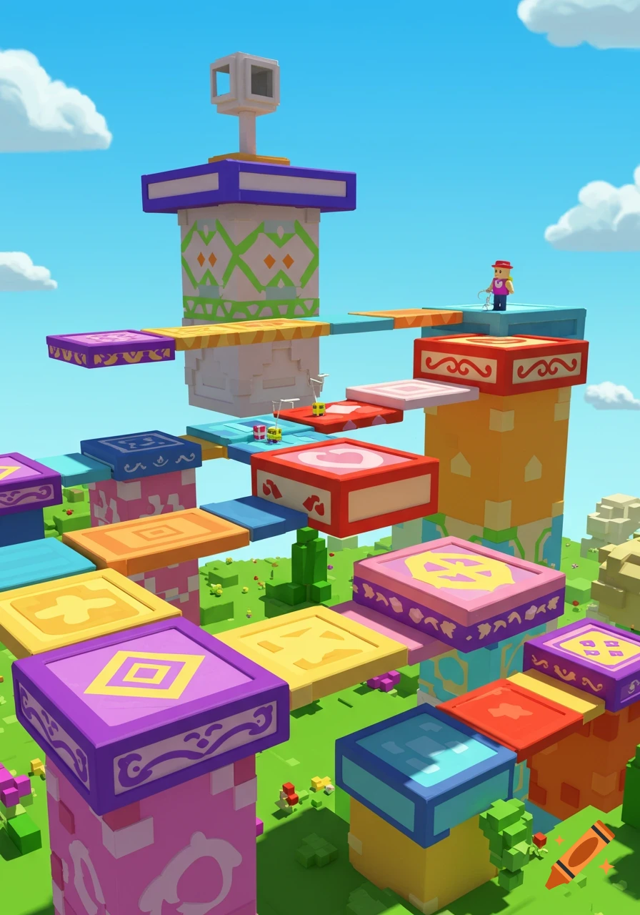 Colorful voxel-style obstacle course (obby) with floating platforms, towers, and a small character under a blue sky.