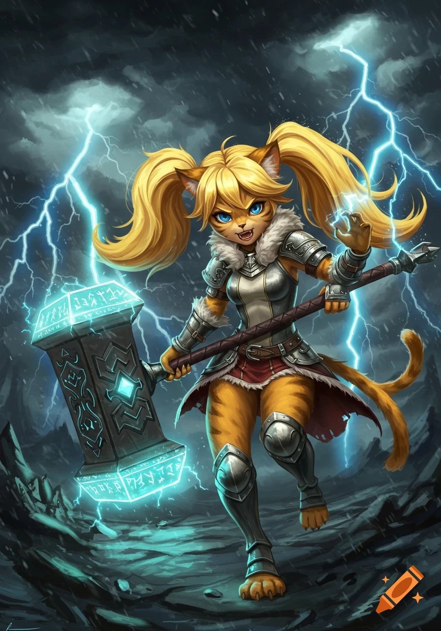 A blonde catgirl in twintails, wearing armor, wields a glowing hammer as lightning strikes around her in a stormy landscape.