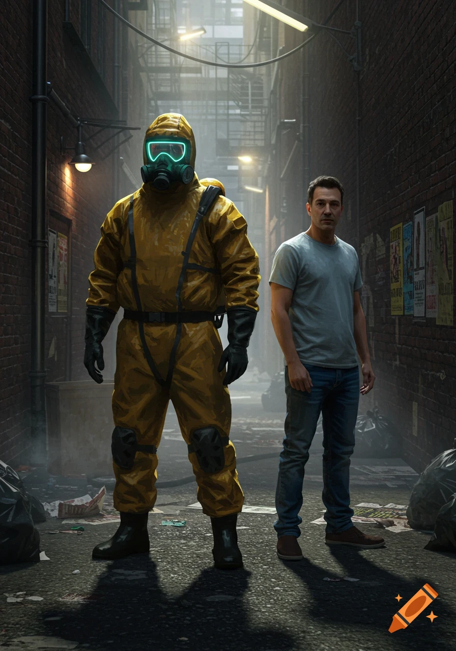 A man in a yellow hazmat suit with glowing goggles stands next to a man in a grey t-shirt and jeans in a dark urban alley.