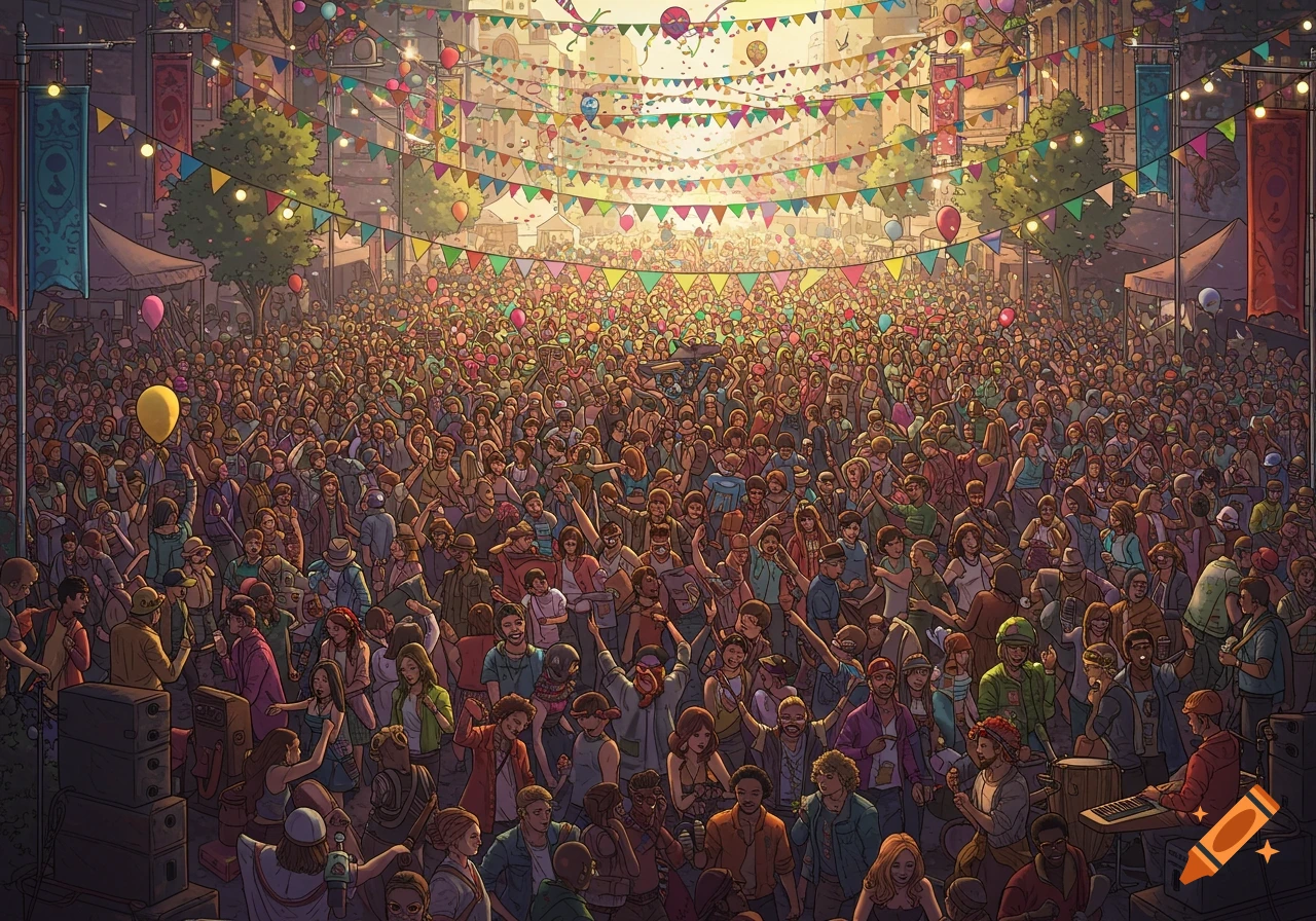 A vibrant, detailed illustration of a huge crowd of people at an outdoor festival with colorful banners, lights, and balloons.