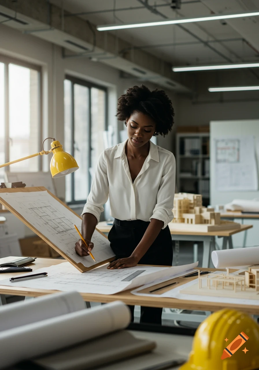 A beautiful Black woman architect in a white shirt and black pants is drawing on a large blueprint on an easel in a well-lit office.