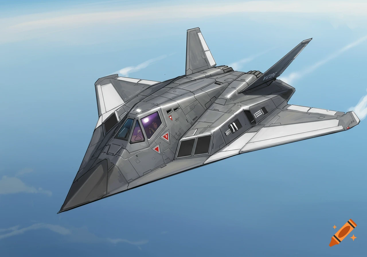 A manga-style grey stealth aircraft with white accents flies through a bright blue sky.