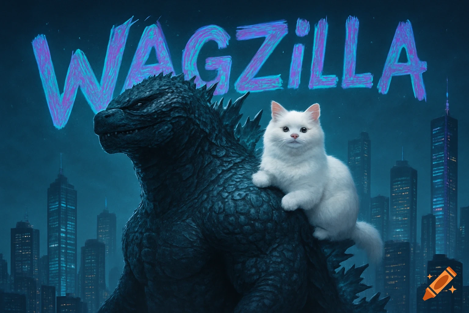 A giant Godzilla stands in a city at night with a fluffy white cat on its shoulder and the word "WAGZILLA" above.