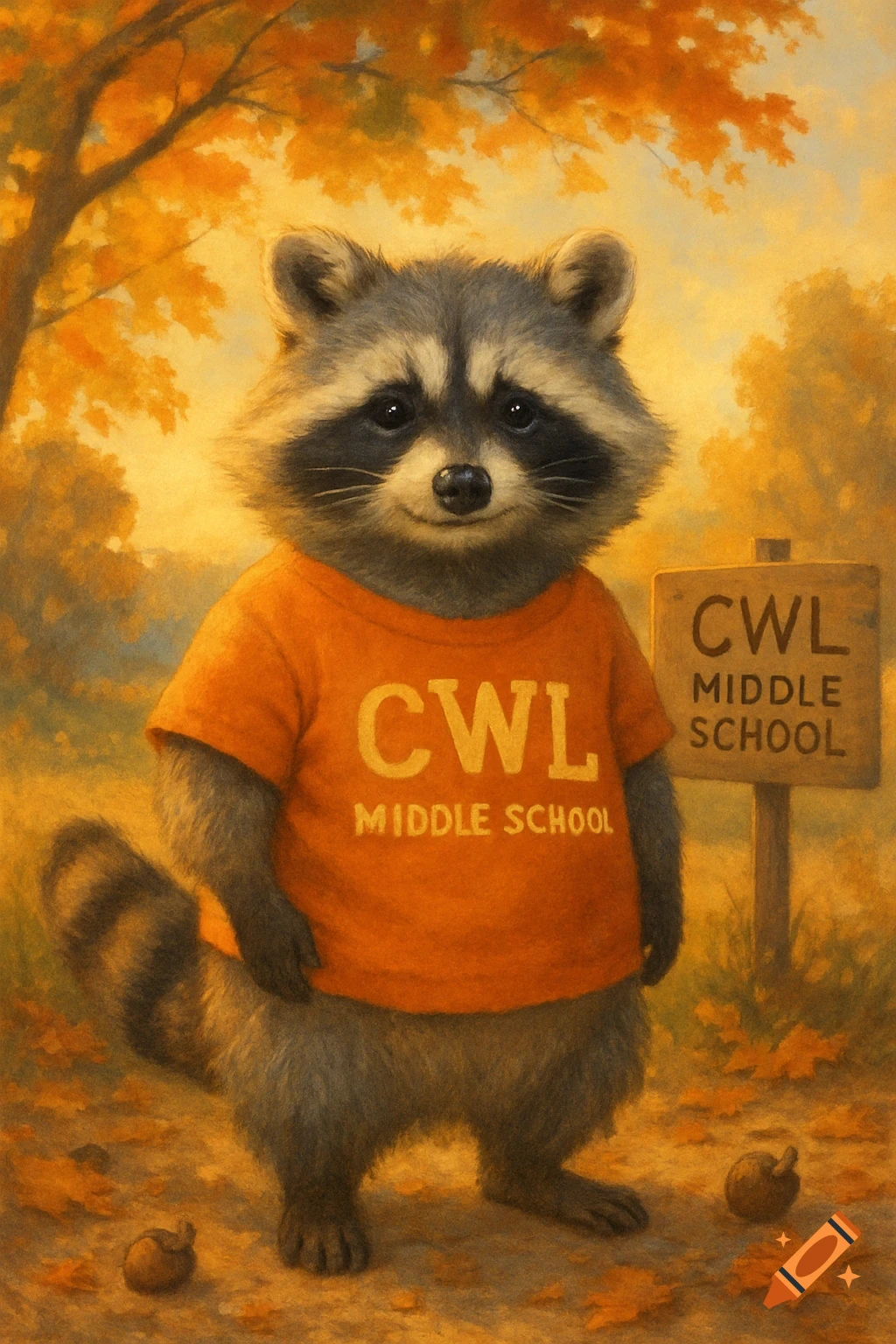 A cute raccoon wearing an orange CWL Middle School shirt stands in an autumn landscape next to a wooden sign.