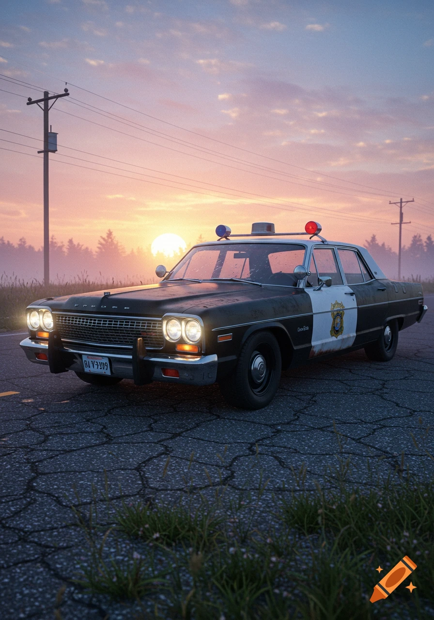 A rusty police cruiser parked on a cracked road at sunset, with utility poles and trees in the background. Photorealistic style.