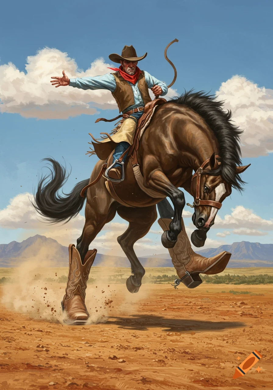 A cowboy in a brown hat and red bandana rides a bucking bronco with comically oversized cowboy boots in a desert landscape.