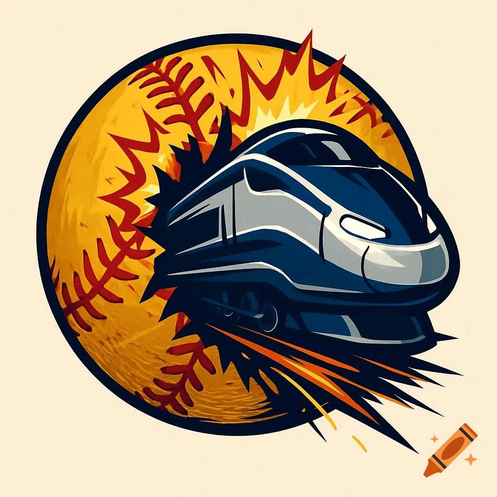 A stylized logo of a blue and white train bursting through a yellow softball.