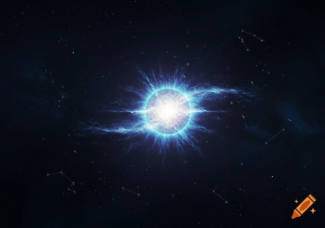 A bright blue and white star with energy bursts in a dark starry galaxy.