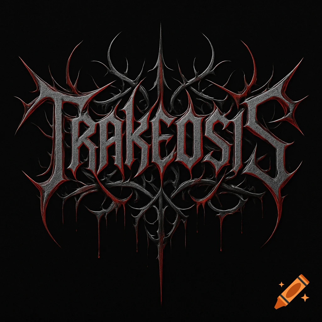 A dark, stylized metal logo for 'TRAKEOSIS' with thorny, metallic letters and red drips on a black background.