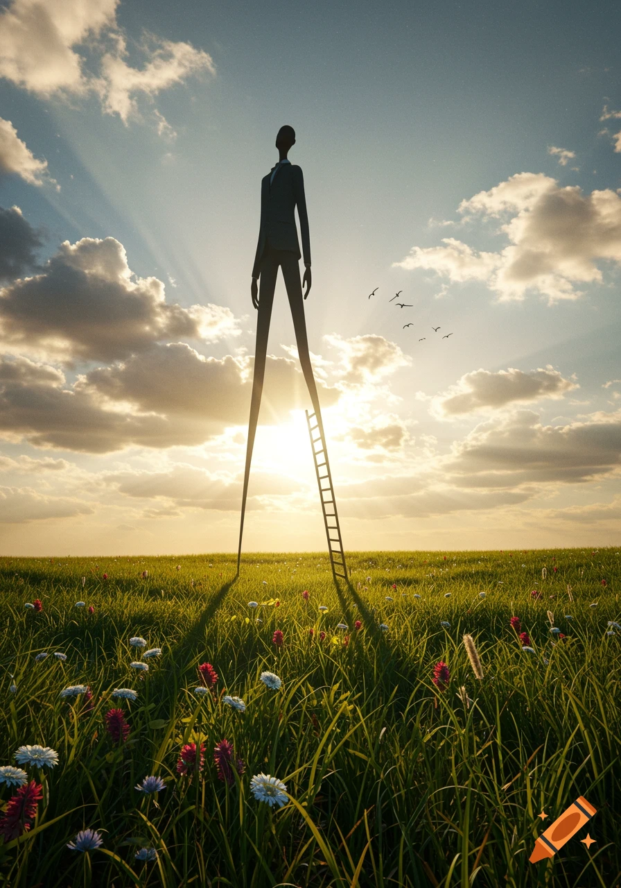 A very tall, thin man with one leg shaped like a ladder stands in a wildflower field at sunset with birds in the sky.