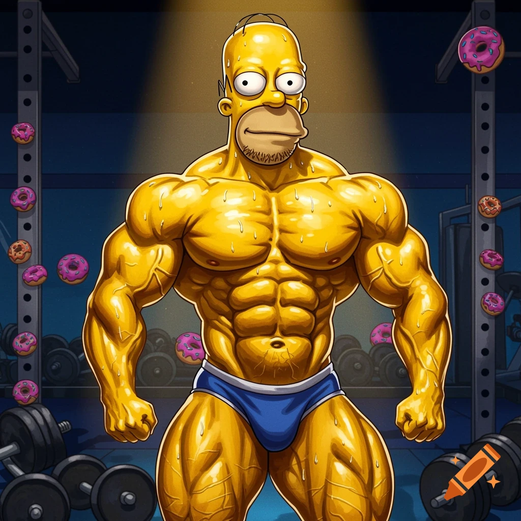 A highly muscular, sweaty Homer Simpson poses like a bodybuilder in a gym with donuts on racks.