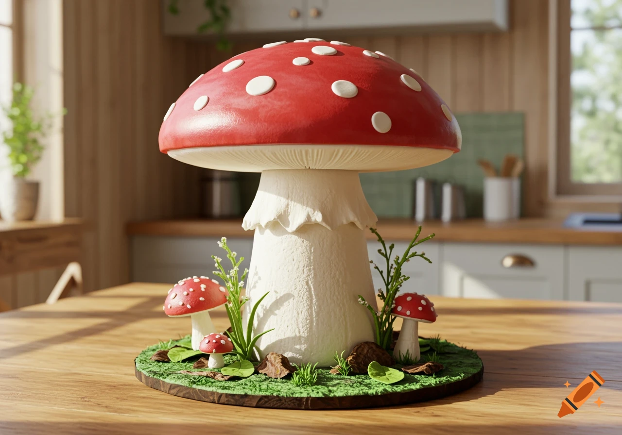 A photorealistic mushroom-shaped cake with a red cap and white spots, surrounded by smaller mushrooms and green foliage, on a wooden table in a sunlit kitchen.