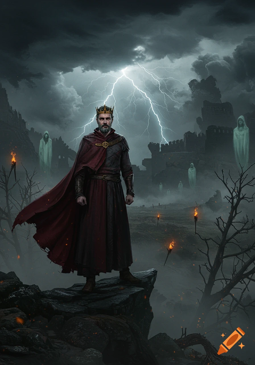 A king in a red cape stands on a rock under stormy lightning skies, surrounded by ruins and ghostly figures.