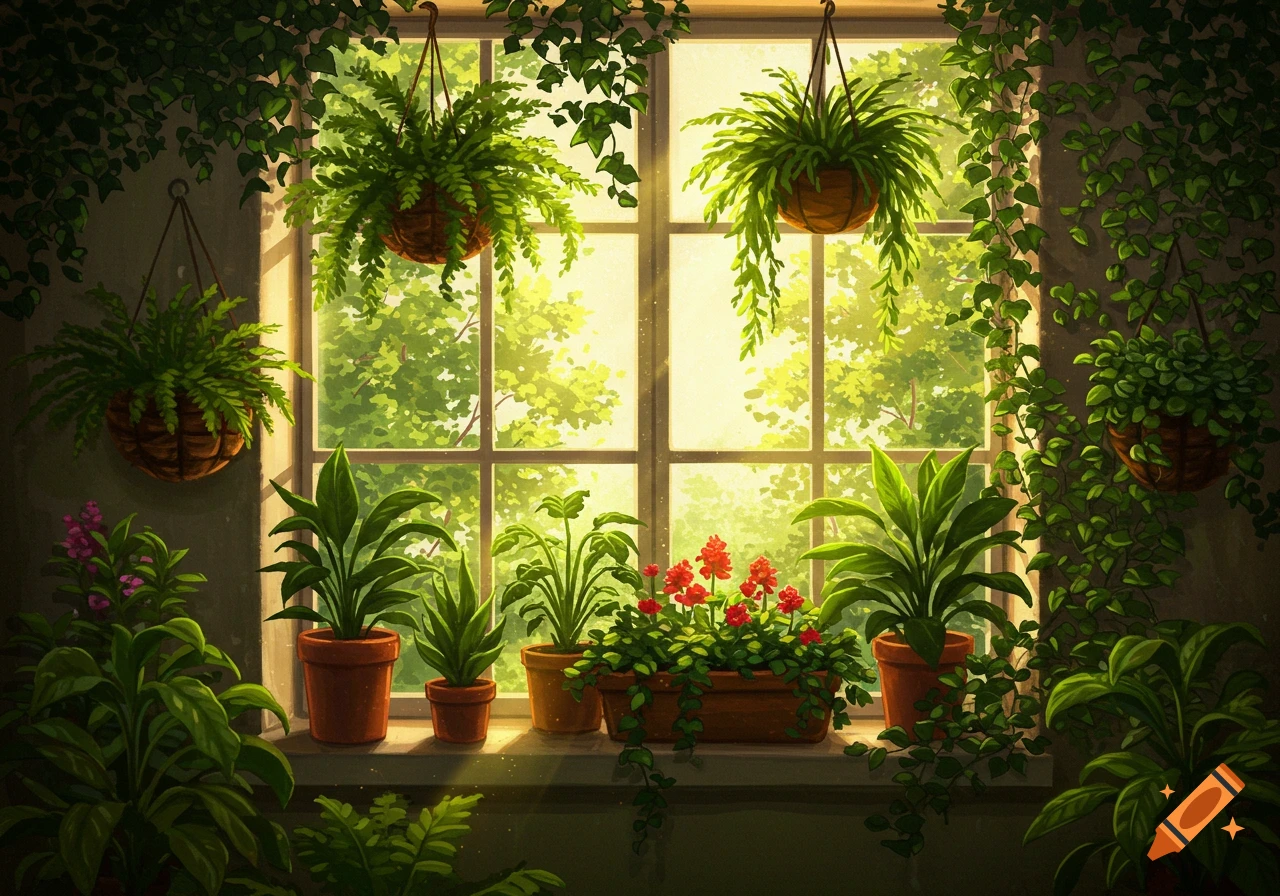 A sunlit window overflowing with green plants in pots, hanging baskets, and climbing vines, with trees visible outside.