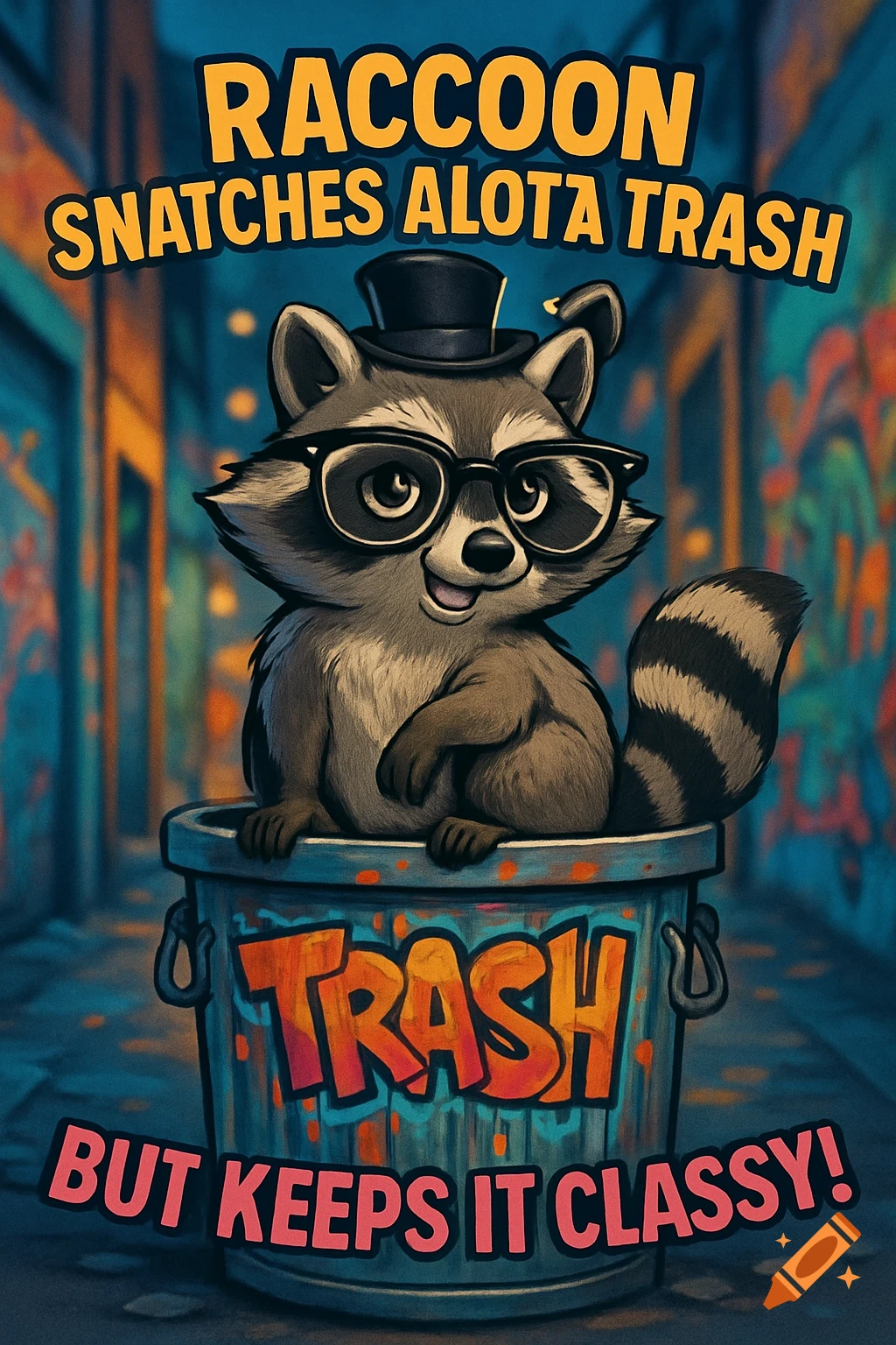A cartoon raccoon wearing a top hat and glasses, sitting in a graffiti-covered trash can. Text above reads "RACCOON SNATCHES ALOTA TRASH" and below reads "BUT KEEPS IT CLASSY!". The word "TRASH" is also on the bin.