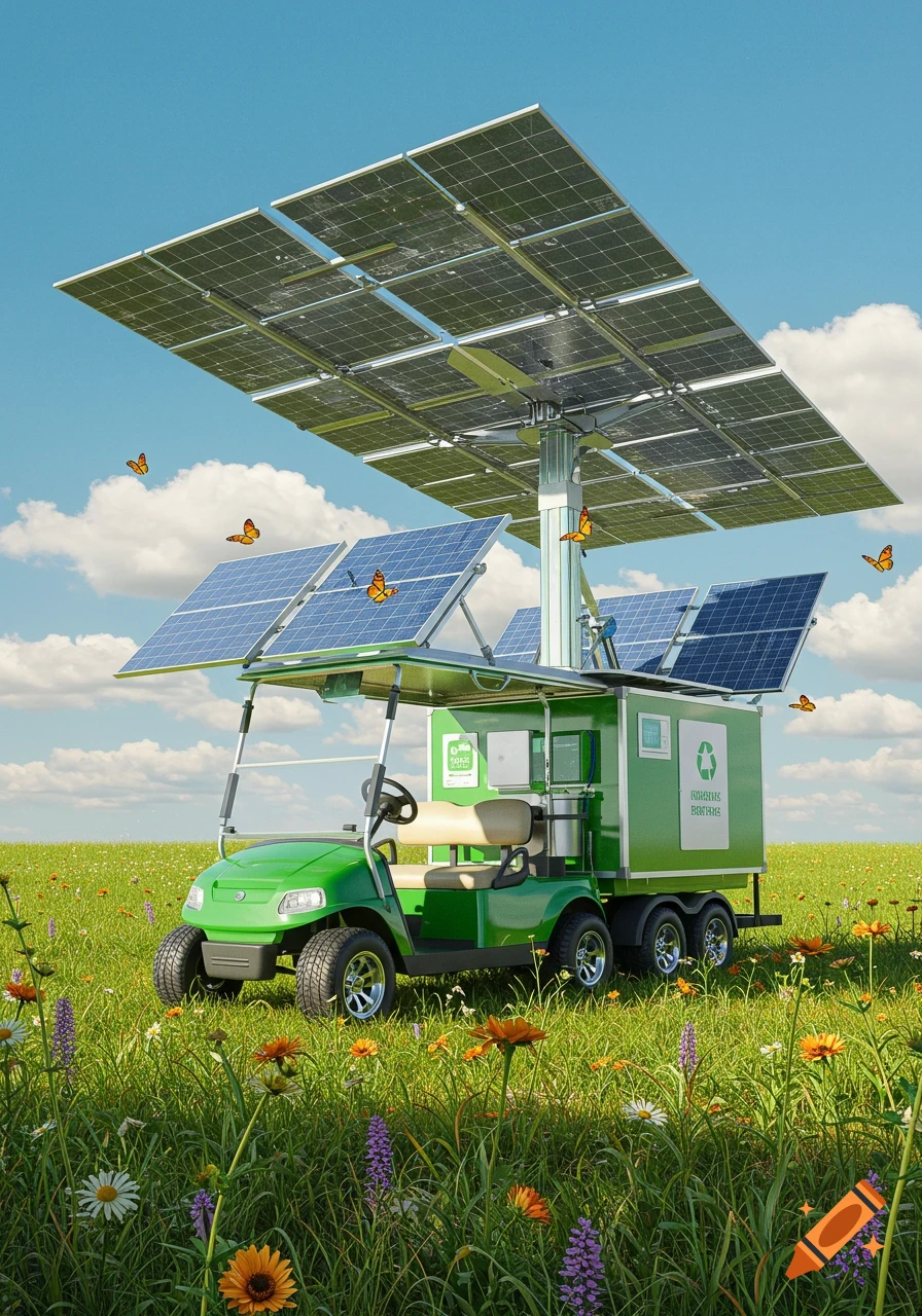 A green golf cart with a large array of solar panels on top stands in a field of wildflowers under a blue sky.