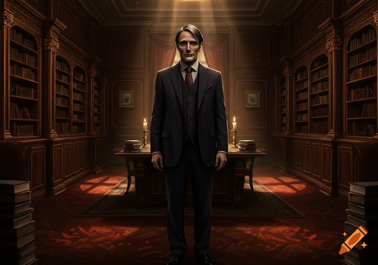 A serious man in a dark suit stands in a grand, dimly lit library, light shining from above.